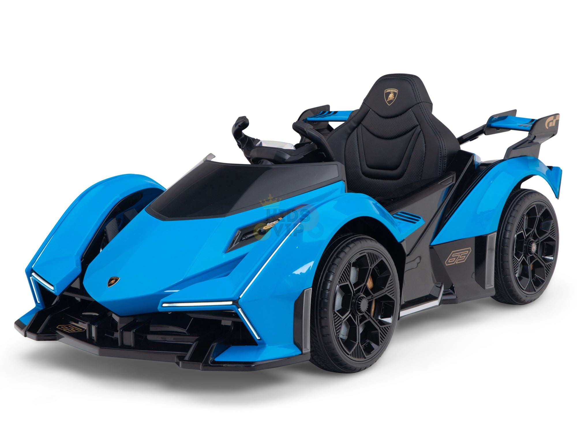 The Blue Official Complete Edition 12V Lamborghini Vision GT Kids Ride on Car boasts a sleek body, LED headlights, black wheels, and a luxurious eco-leather racing seat. With sporty decals and an open-top design, it brings excitement to every childs adventure.