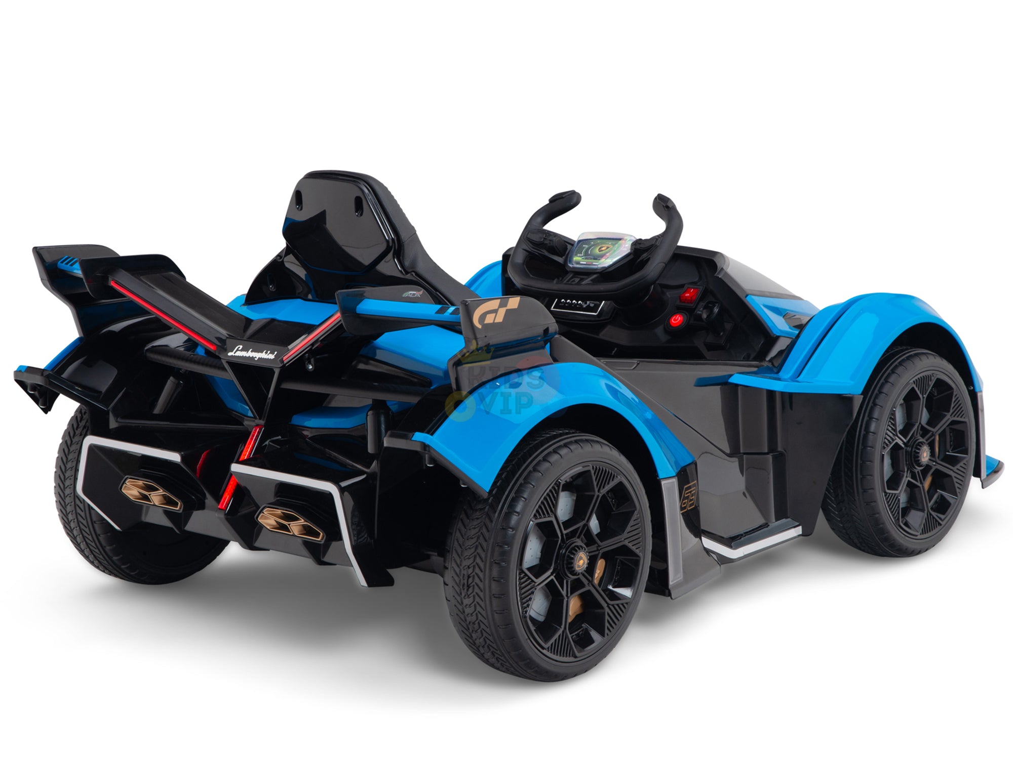 The Blue Official Complete Edition 12V Lamborghini Vision GT Kids Ride-On Car features a sleek black and blue exterior, rear spoiler, detailed wheels, realistic steering wheel, sporty decals, red accents on the back, and an eco-leather seat for added luxury.