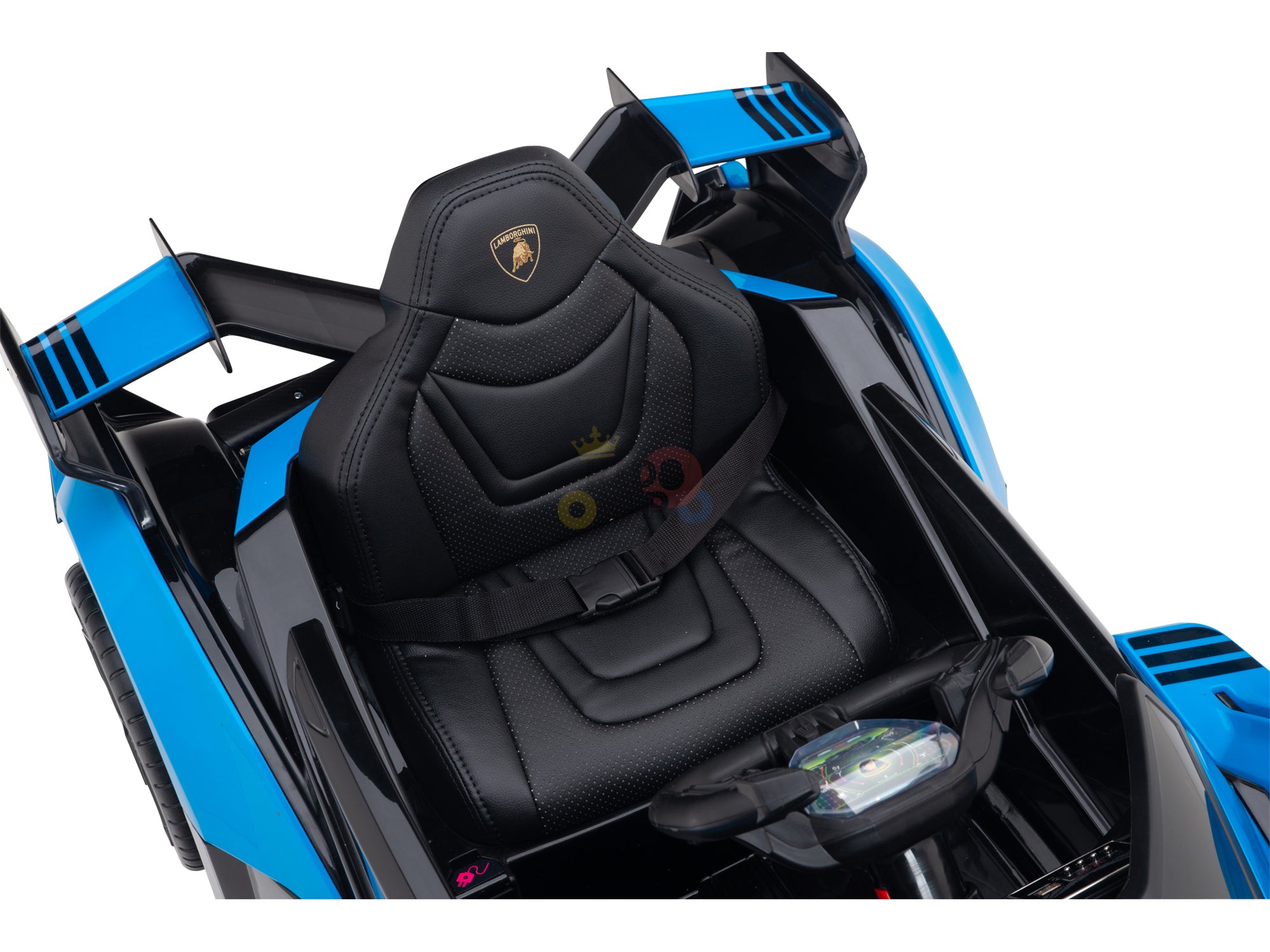 A close-up of a black and blue eco leather toy car seat, resembling a sports car interior, with the Lamborghini Vision GT logo. It includes a safety harness and button-equipped steering wheel on a sleek dashboard in the Blue Official Complete Edition 12V Lamborghini Vision GT Ride-on Car.