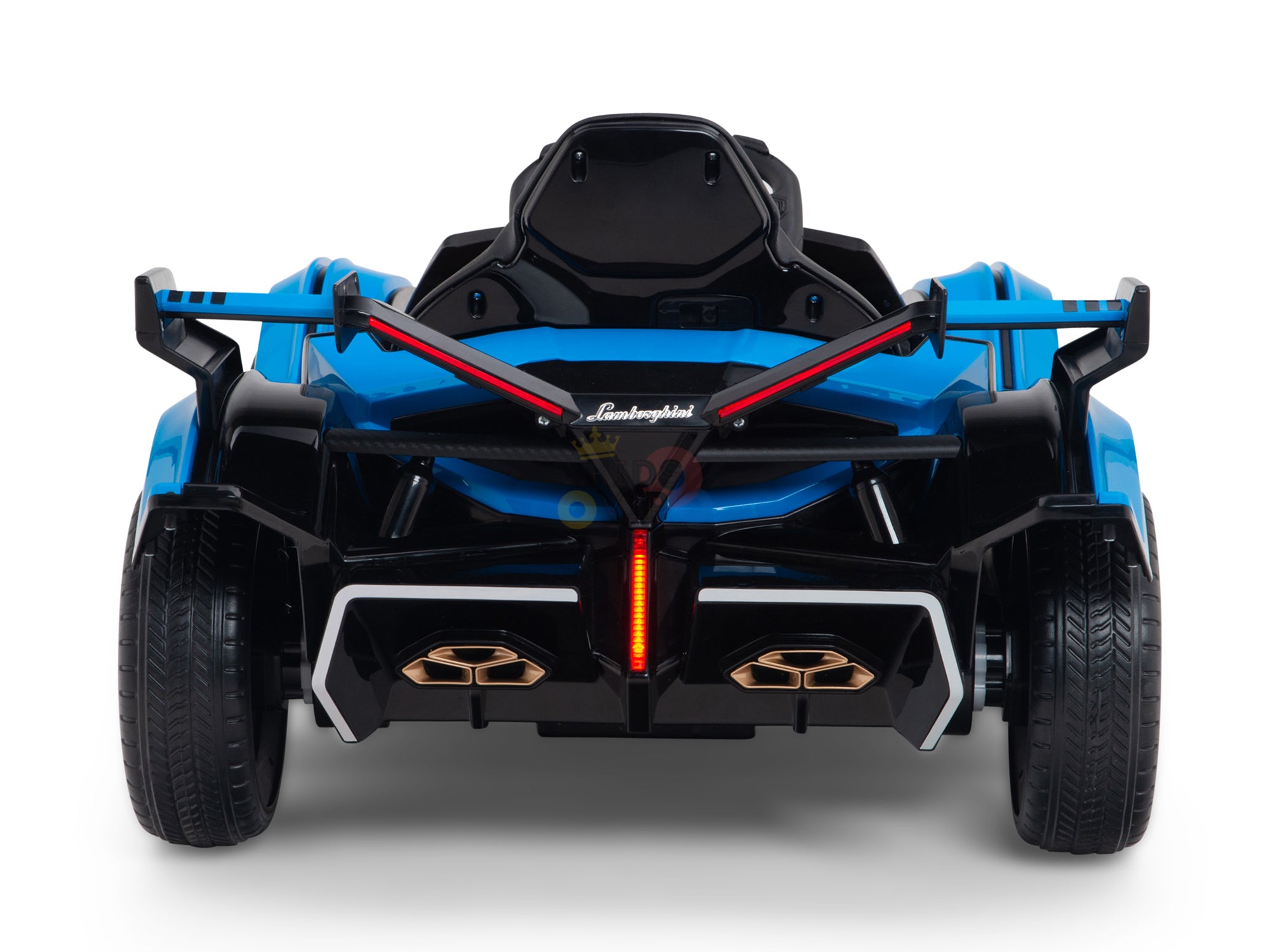 The Blue Official Complete Edition 12V Lamborghini Vision GT Kids Ride-on Car is shown from the rear, featuring distinctive branding, large black tires, red accent lines, and a central rear light. This sleek toy offers luxury driving thrills for little ones against a white background.