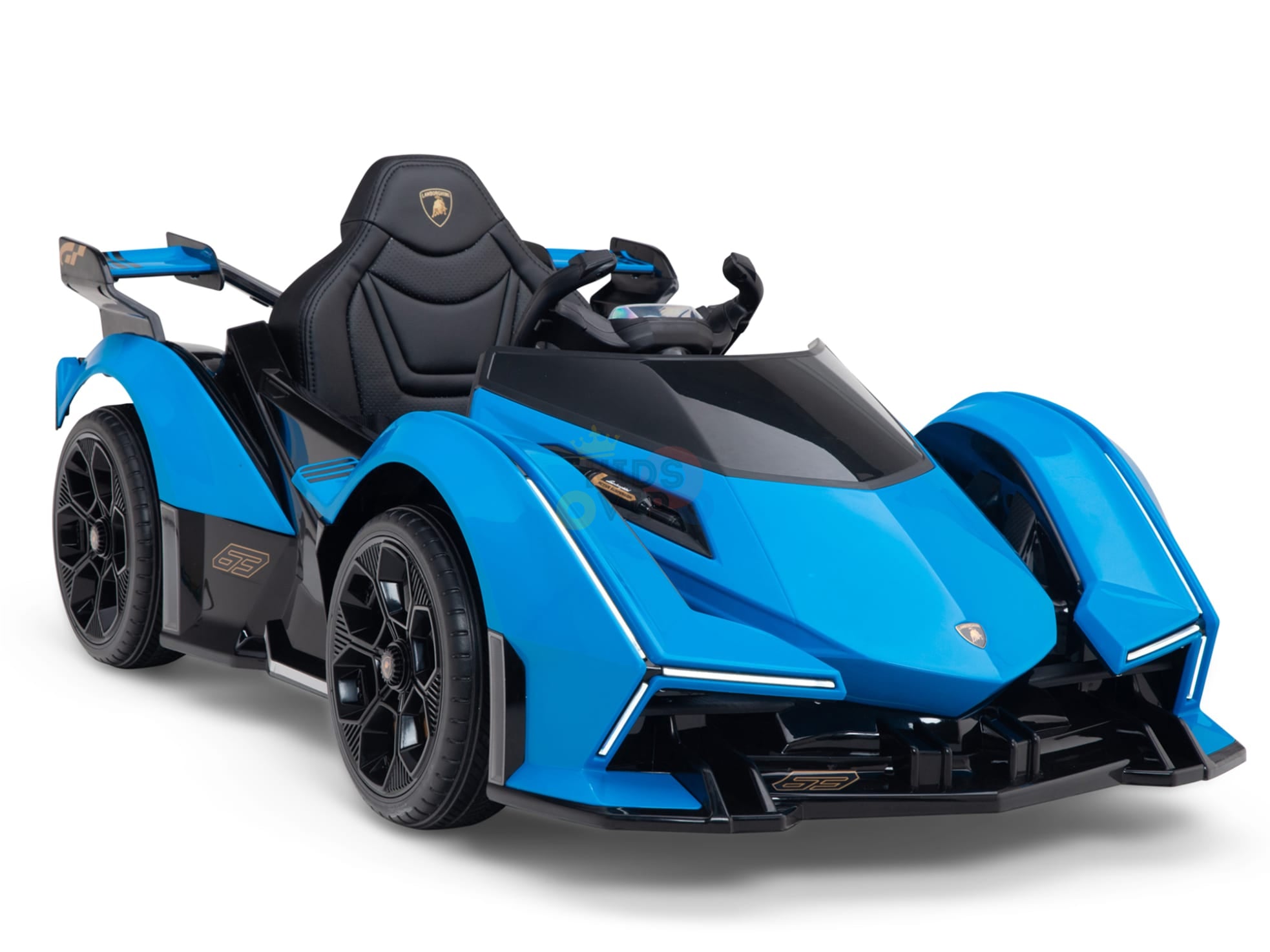 The Blue Official Edition 12V Lamborghini Vision GT Kids Ride-On Car mirrors the sleek, angular design of the original with black trim, detailed wheels, an open top with a sporty steering wheel, and an eco-leather seat for a stylish touch.