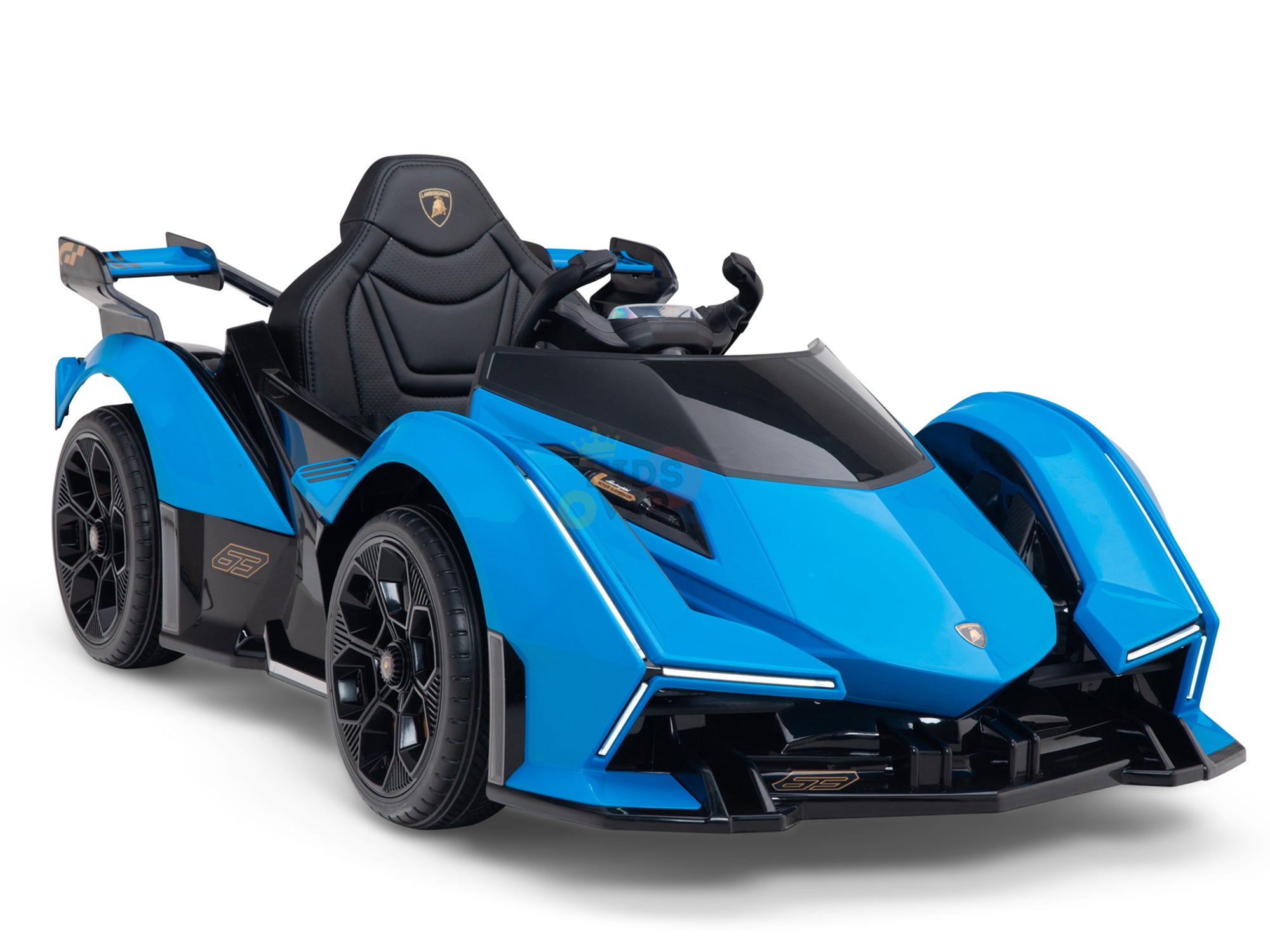 The Blue Official Complete Edition 12V Lamborghini Vision GT Kids Ride-On Car features sleek aerodynamic lines, black accents, and sporty details. It seats one rider comfortably with an eco leather seat and boasts futuristic styling embodying speed and luxury.