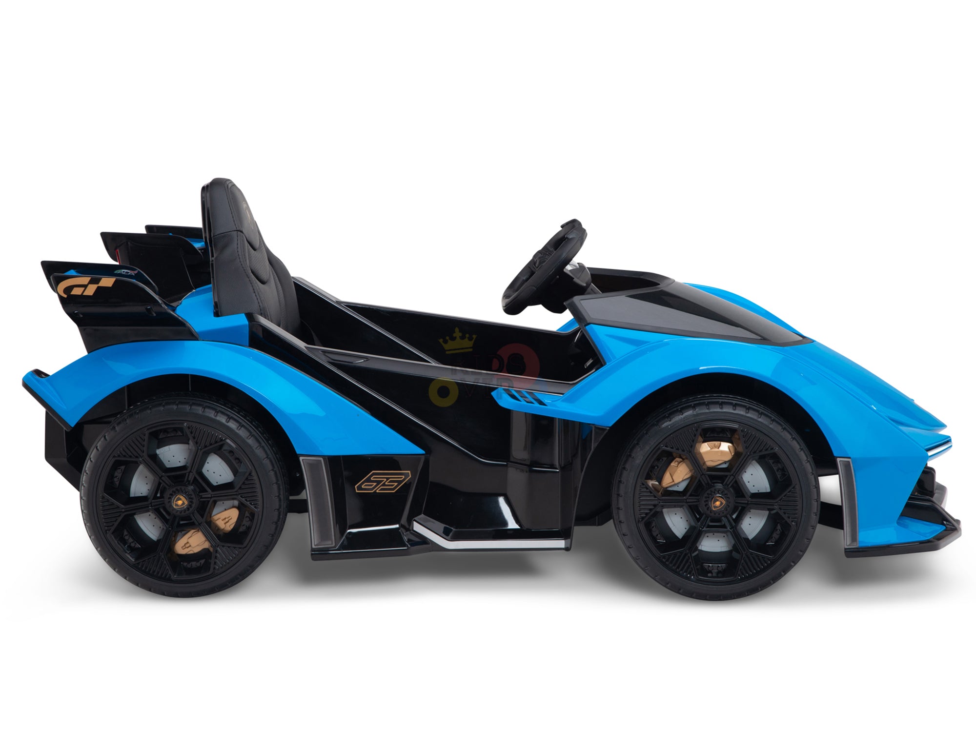 A side view of the Blue Official Complete Edition 12V Lamborghini Vision GT Kids Ride-On Car features sleek lines, a steering wheel, and detailed tires. The eco-leather seat complements its primarily blue body with stylish black and silver accents.