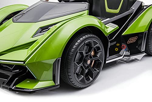 The Green 12V Official Lamborghini Vision GT Kids Ride-on Car showcases a sleek and futuristic design with angular lines, black accents, detailed black wheels featuring a visible emblem, and a partially visible drivers seat for an overall sporty and modern appearance.