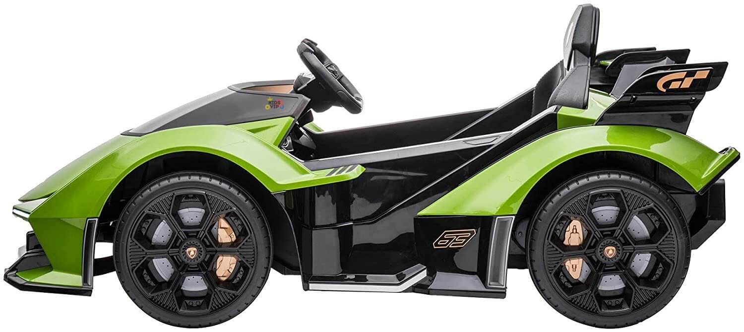 The Green 12V Official Lamborghini Vision GT Kids Ride-On Car features a sporty design with large wheels, a racing-style seat, a steering wheel, and a GT logo on the side, offering hours of fun.