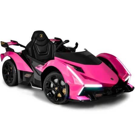 The Pink 12V Official Lamborghini Vision GT Kids Ride-On Car mimics the real model with sleek, angular lines and realistic details such as wheels and headlights. It features a racing-style seat and is painted in bright pink with black accents for endless fun.