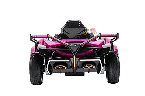 The Pink 12V Official Lamborghini Vision GT Kids Ride On Car showcases a sleek pink exterior with black accents, detailed wheel designs, and a prominent logo on the front, resembling a luxury sports car with modern styling.