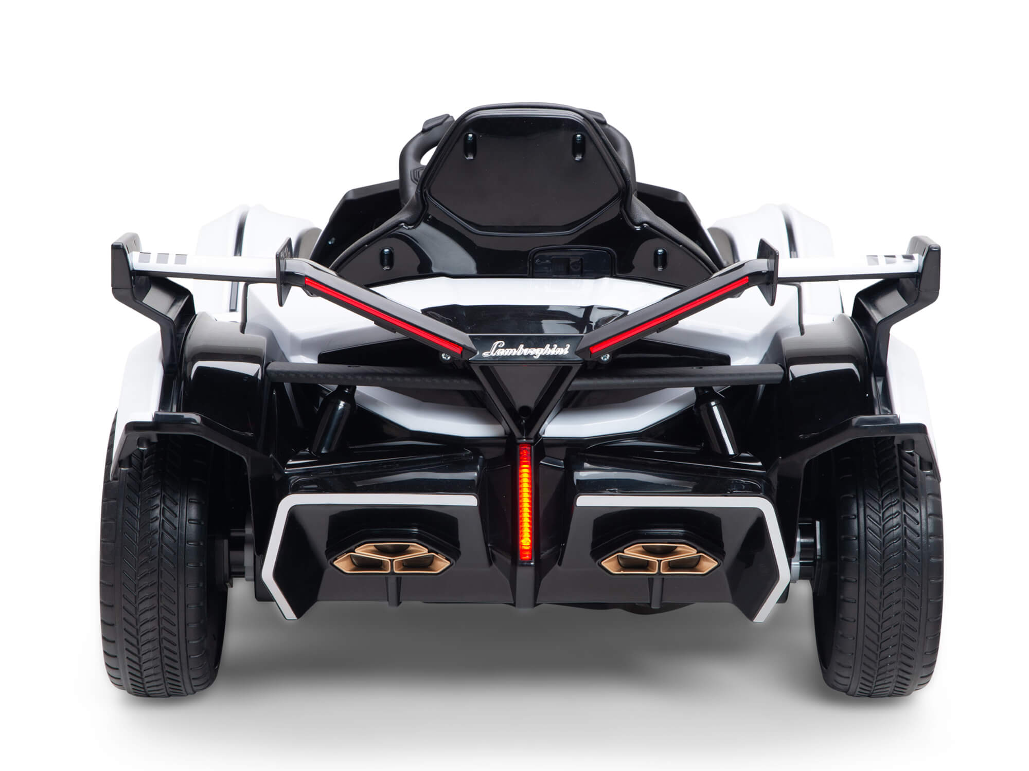 The White 12V Official Lamborghini Vision GT Kids Ride-On car features a sleek black and white design with red accents, dual exhaust, racing seat, and detailed rear lights for an ultimate driving experience.