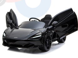 Black 12V McLaren 720S Kids Licensed 1 Seater Ride On Car with Rubber Wheels and Remote features butterfly doors, sleek lines, a prominent hood, detailed headlights, and sporty design on a white background.