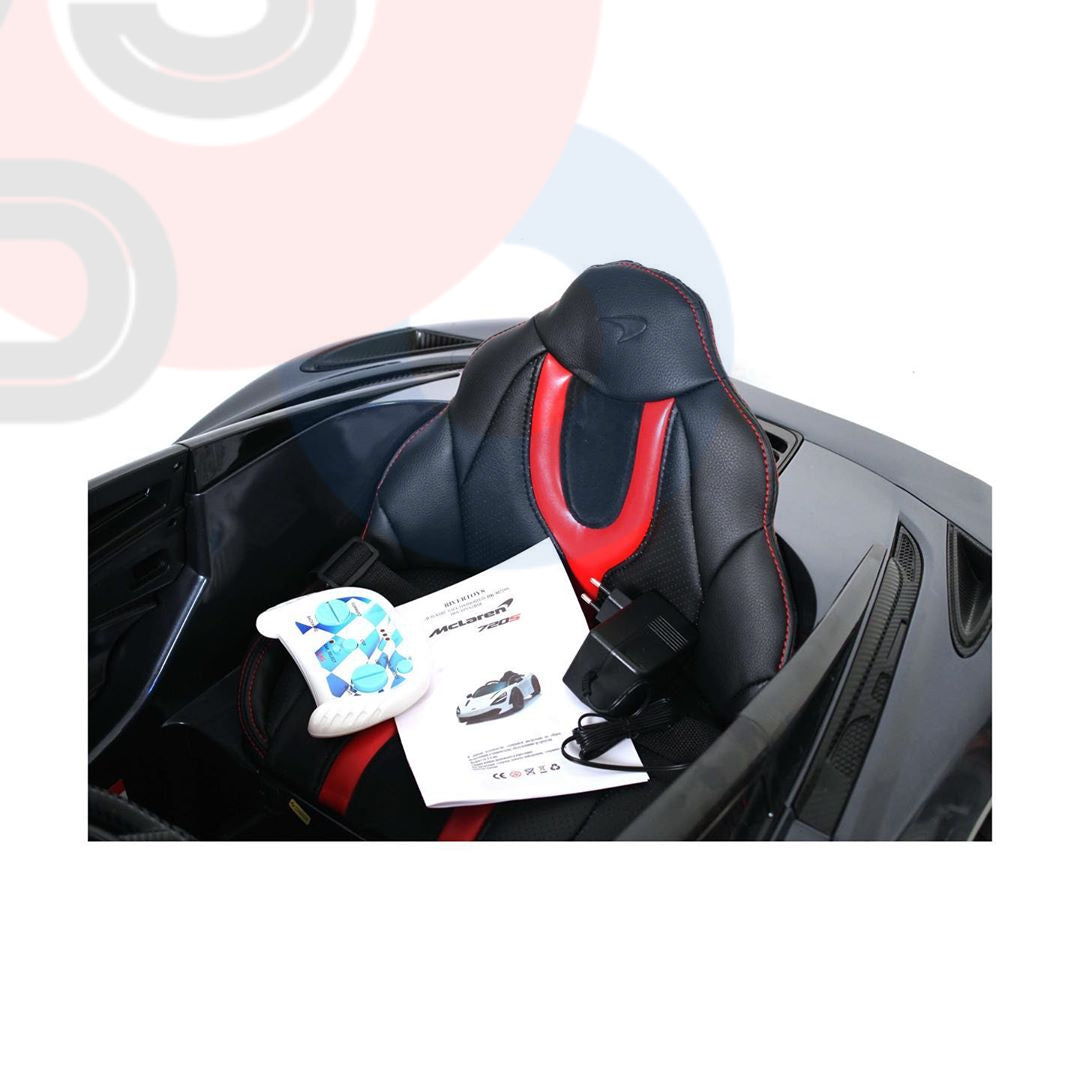The Black 12V McLaren 720S Kids Ride On Car includes a black and red racing seat, sleek white remote, instructional manual, and power adapter, all set in an upgraded interior against an abstract design.