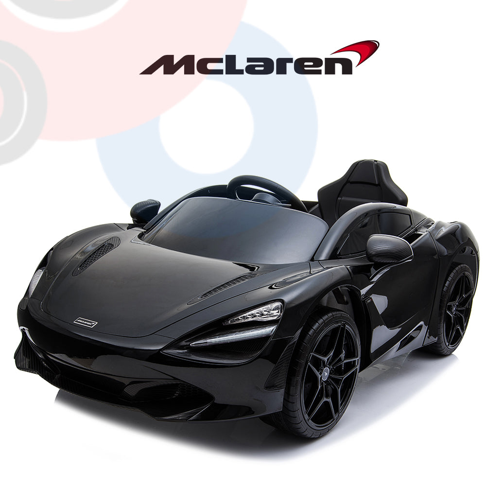A sleek Black 12V McLaren 720S Kids Licensed 1 Seater Ride On Car with a modern design is showcased on a white background, featuring a contoured body, black rubber wheels, and side mirrors. The iconic McLaren logo is prominently displayed above it.