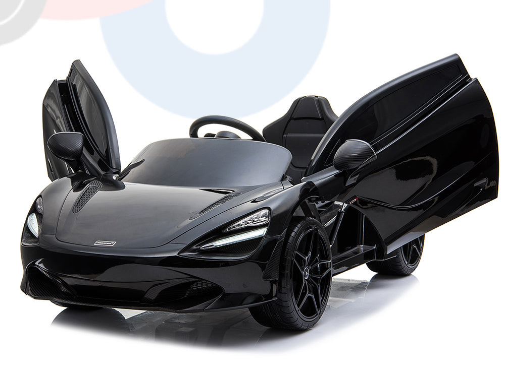 The Black 12V McLaren 720S Kids Licensed Ride On Car features scissor doors and an angular design, showcasing its sleek, aerodynamic body against a white backdrop. This remote-controlled single-seater with rubber wheels embodies supercar elegance.