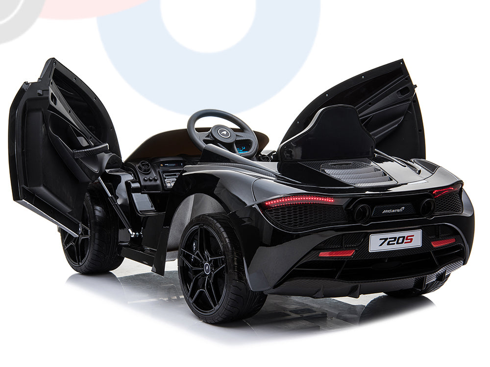 The Black 12V McLaren 720S Kids Licensed 1 Seater Ride On Car with Rubber Wheels and Remote, a sleek toy car with sporty design, open doors, trunk, and 720S license plate, is set against a white backdrop featuring a circular graphic in the top left corner.