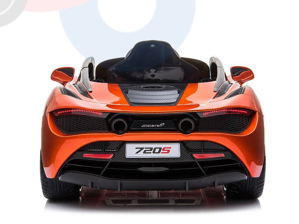 The rear view shows an aerodynamic, orange 12V McLaren 720S Kids Ride On Car with dual exhausts and license plate 720S. The open roof reveals its a one-seater—a true Ride On Super Car with rubber wheels and remote.