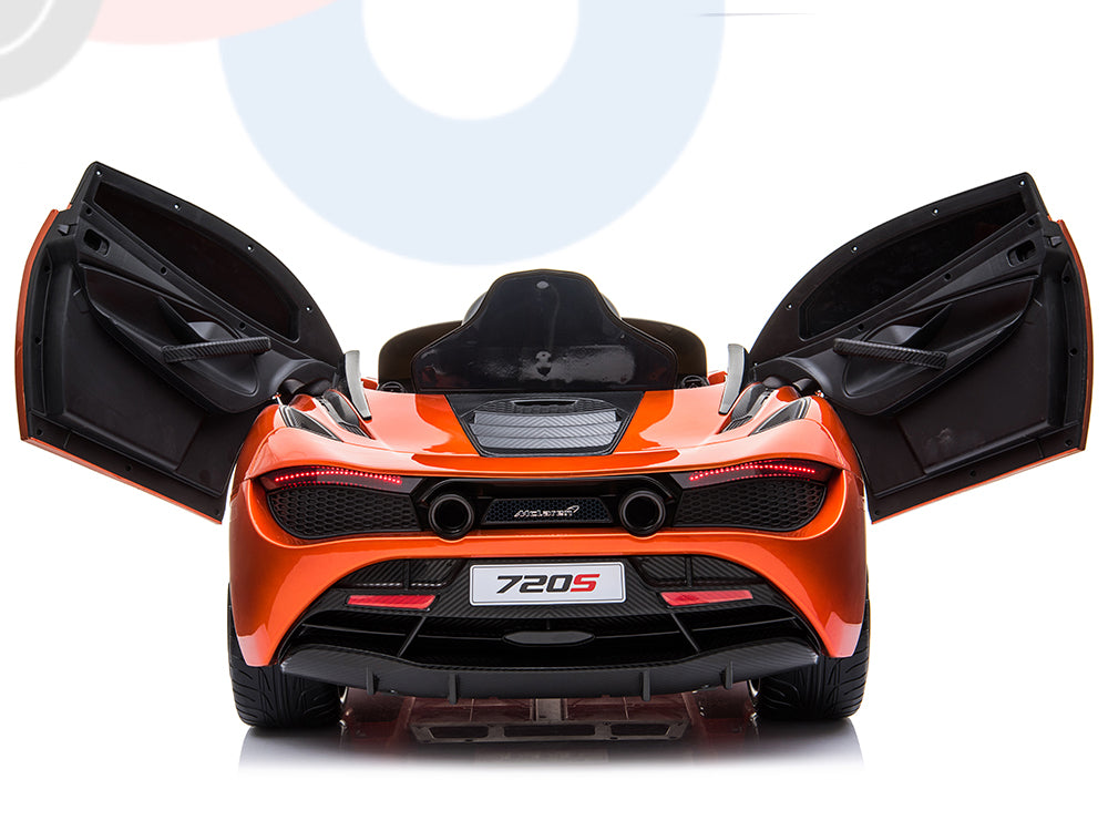 Rear view of an Orange 12V McLaren 720S Kids Licensed 1 Seater Ride On Car with gull-wing doors open, highlighting its sleek design and dual exhaust. Set against a white background, the license plate features 720S.