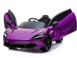 The Purple 12V McLaren 720S Kids Licensed Ride-On Car flaunts striking scissor doors, rubber black wheels, sleek headlights, and a high-back seat. This iconic sports car replica, set against a white background, is every childs dream!.