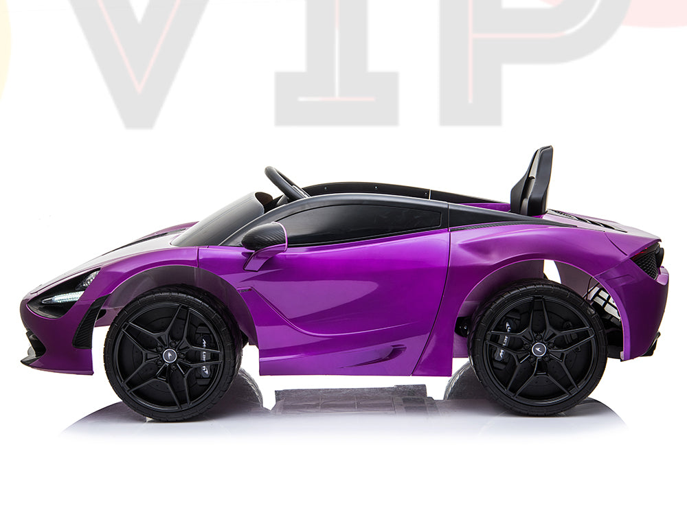 A Purple 12V McLaren 720S Kids Licensed 1 Seater Ride On Car with a sleek design and rubber wheels. It faces left against a plain backdrop, revealing partially visible faded letters that add an element of mystery.