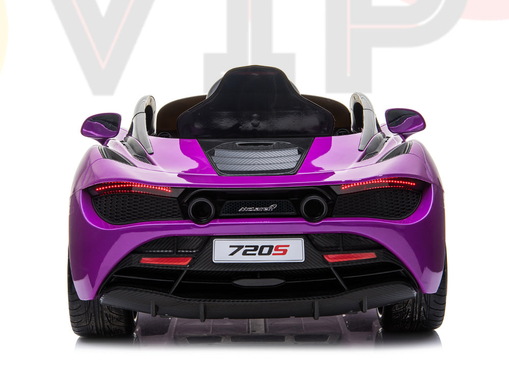 The Purple 12V McLaren 720S Kids Licensed Ride On Car showcases a sleek rear view with taillights, a black fin, and a 720S license plate. The blurred backdrop with VIP text accentuates this stylish kids electric car.