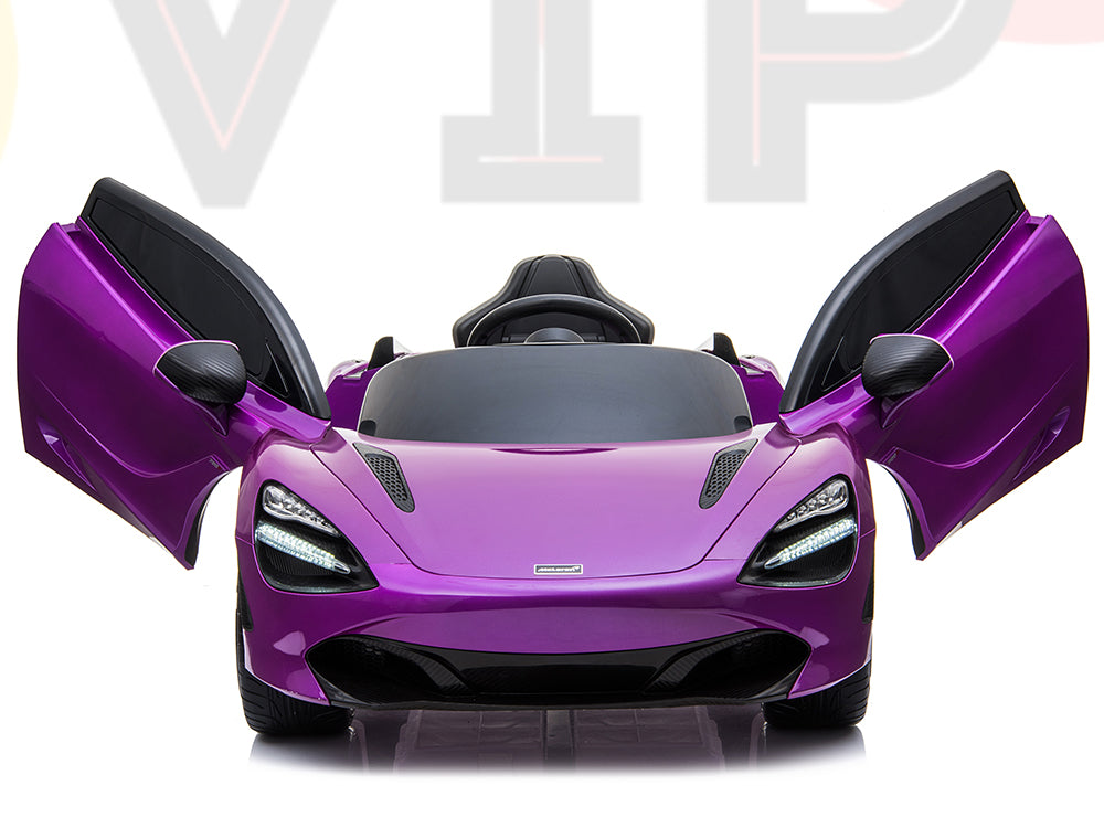 The Purple 12V McLaren 720S Kids Licensed 1 Seater Ride On Car, featuring open gull-wing doors, sleek lines, and standout headlights against a light backdrop with partial VIP text visible.