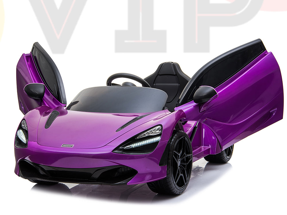 The Purple 12V McLaren 720S Kids Licensed Ride On Car features a metallic purple finish with scissor doors, rubber black wheels, and visible black interior, set against a neutral white background.