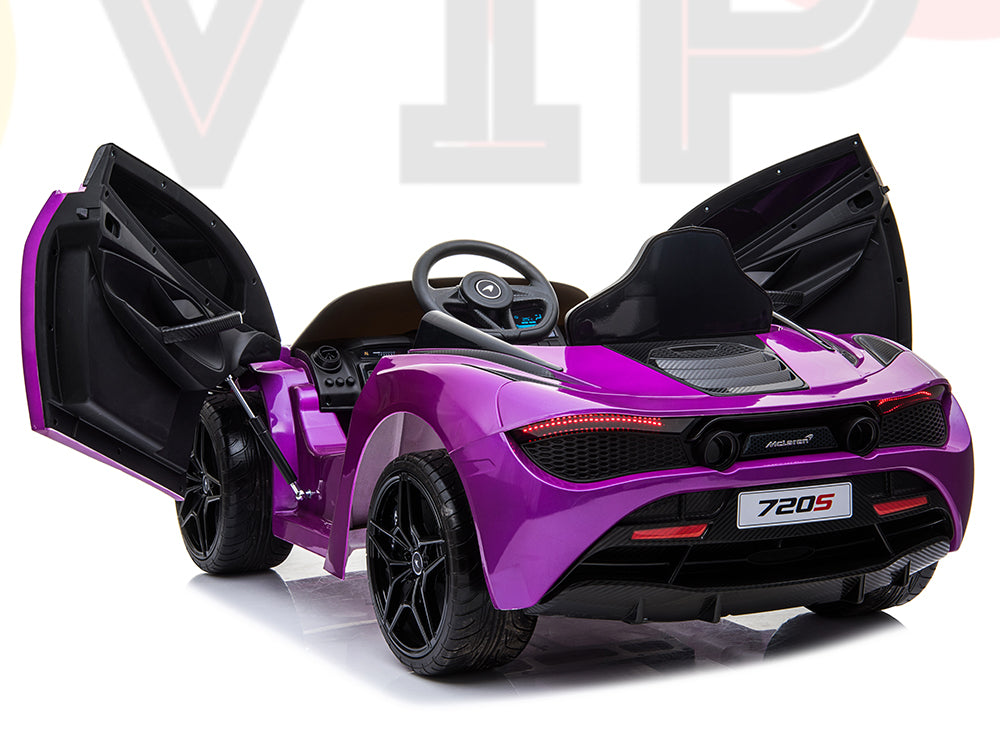 This Purple 12V McLaren 720S Kids Licensed Ride On Car features butterfly doors and a sleek black interior, complete with rubber wheels and remote control. Its sporty design is highlighted with a 720S license plate, set against a white background with partial letters visible above.
