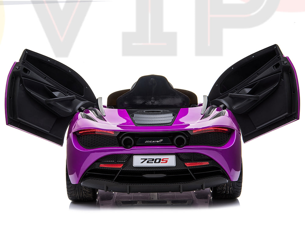 The rear view of the Purple 12V McLaren 720S Kids Licensed Ride On Car shows off its gullwing doors, accented by black and silver details. Taillights and exhaust pipes add flair, while the 720S license plate completes the look.