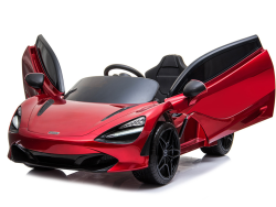The Red 12V McLaren 720S Kids Licensed Ride On Car mimics a luxury sports car with its sleek design, upward-opening doors, black accents, steering wheel, and realistic detailing. It features rubber wheels and a remote, set against a plain white background.