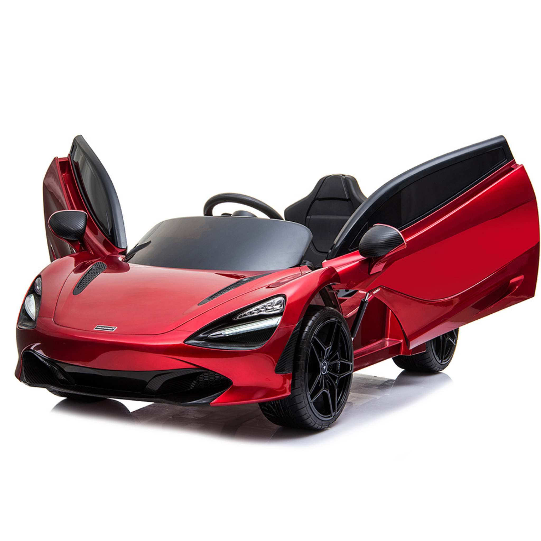 The Red 12V McLaren 720S Kids Licensed Ride On Car mimics a luxury sports car with its sleek design, upward-opening doors, black accents, steering wheel, and realistic detailing. It features rubber wheels and a remote, set against a plain white background.