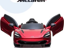 The Red 12V McLaren 720S Kids Licensed Ride On Car features wide-opening butterfly doors and a striking McLaren emblem on a white background, capturing the essence of a remote-control supercar.