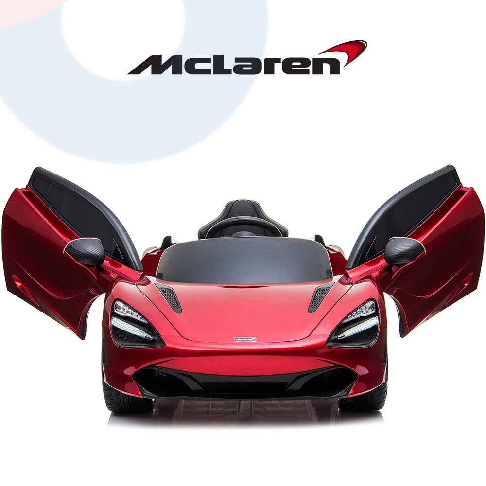 The Red 12V McLaren 720S Kids Licensed Ride On Car features wide-opening butterfly doors and a striking McLaren emblem on a white background, capturing the essence of a remote-control supercar.