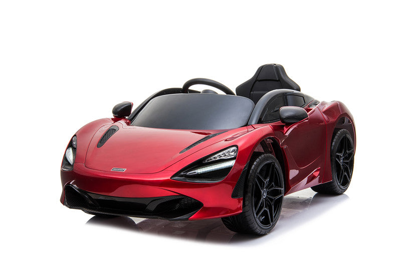 The Red 12V McLaren 720S Kids Licensed Ride On Car features a sleek design, black accents, detailed lights, and a racing-style seat. Perfect for young racers, it has rubber wheels and comes with a remote control.