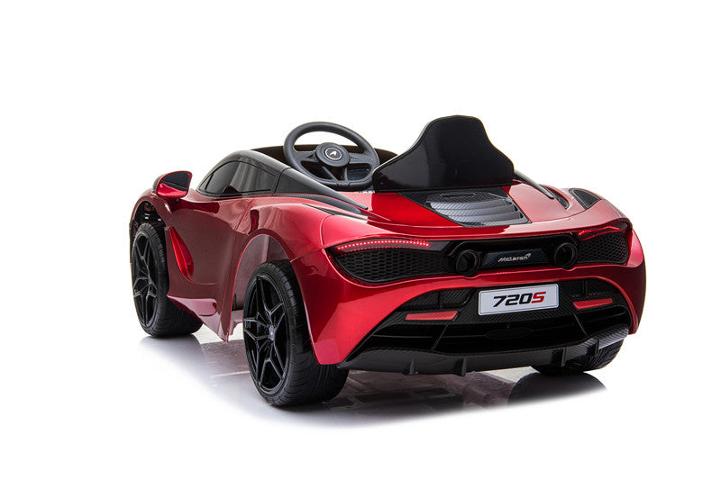 A Red 12V McLaren 720S Kids Licensed Ride On Car is showcased on a white background. This sleek 1-seater features black rubber wheels and a 720S rear license plate, with a steering wheel for young drivers and enthusiasts.
