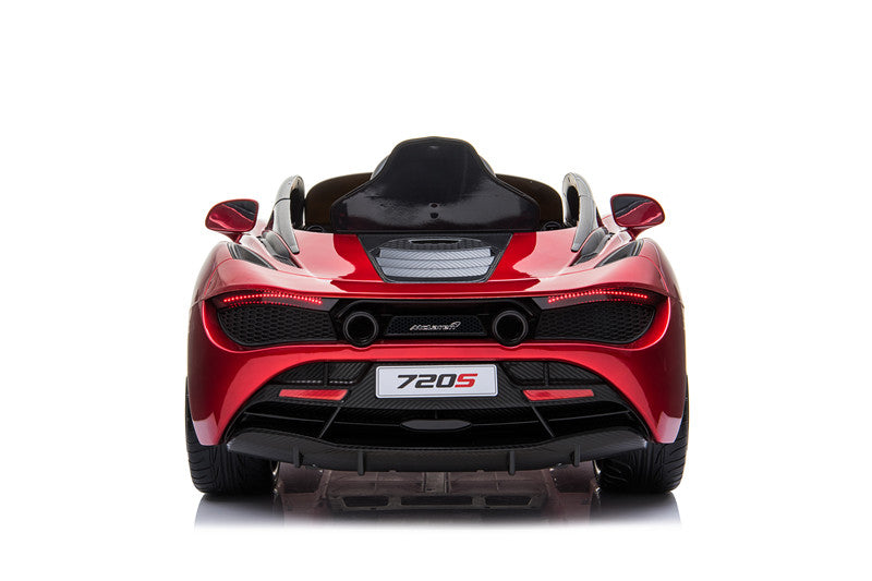 The Red 12V McLaren 720S Kids Licensed Ride On Car has a sleek rear view with a black seat, license plate 720S, and detailed rear lights. This ultimate kids electric car features rubber wheels and remote control, perfect for young drivers. Displayed against a white background.