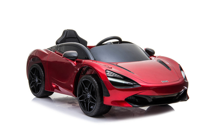 A stunning Red 12V McLaren 720S Kids Licensed Ride On Car features black accents, a sleek design with a low profile, tinted windshield, and large rubber wheels. It includes one seat and a remote for realistic high-performance vibes.