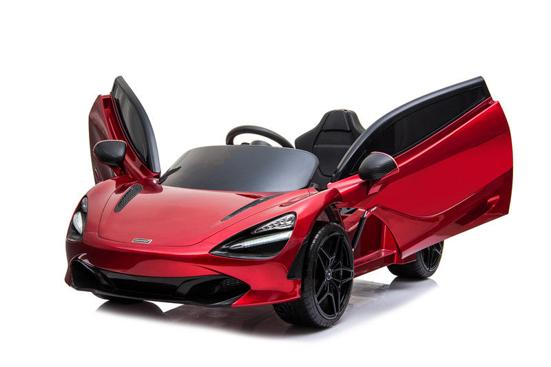 A shiny red McLaren 720S Ride On Car for kids, featuring upward-opening doors, sleek design, black rubber wheels, and a black interior against a plain white backdrop.