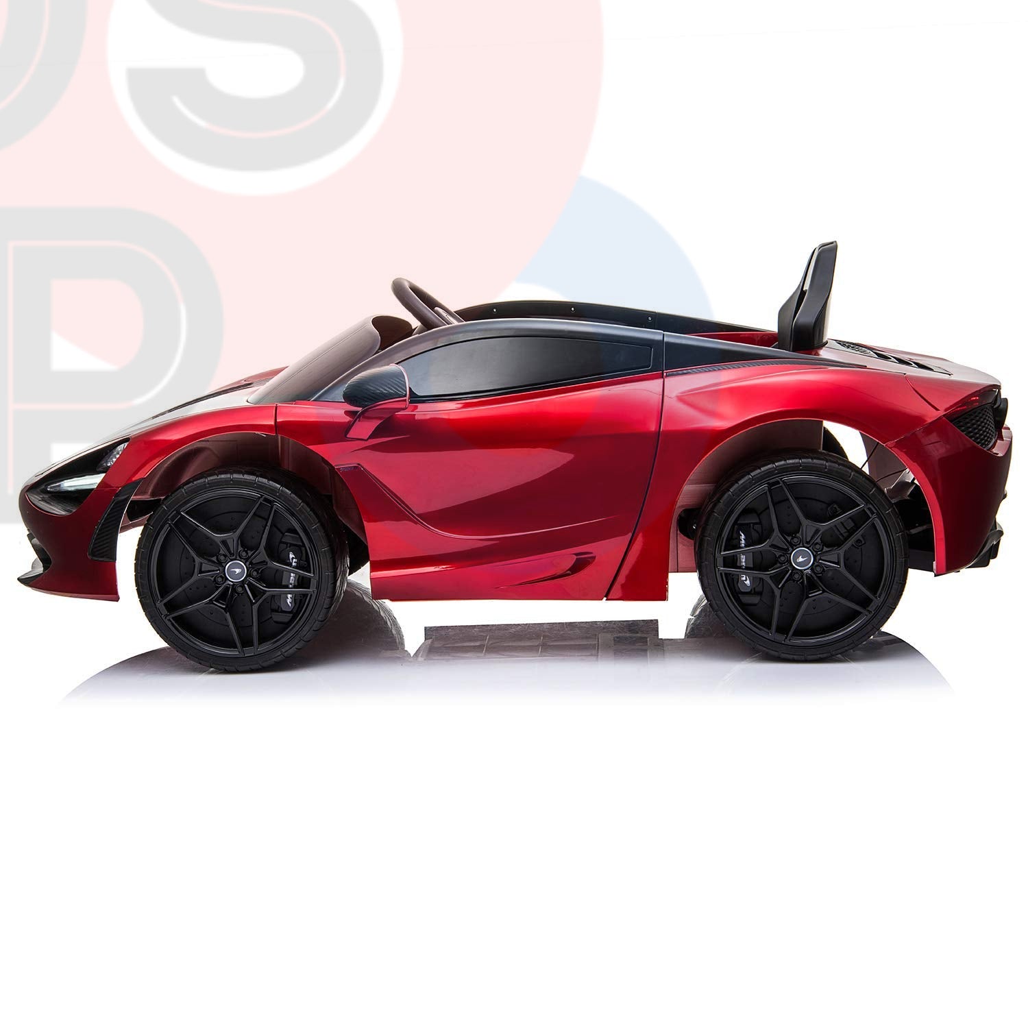 A side view of the Red 12V McLaren 720S Kids Licensed Ride On Car showcases its shiny finish and black rubber wheels, reflecting a sleek, futuristic design. The toy is set on a reflective surface, emphasizing its streamlined shape and intricate details.