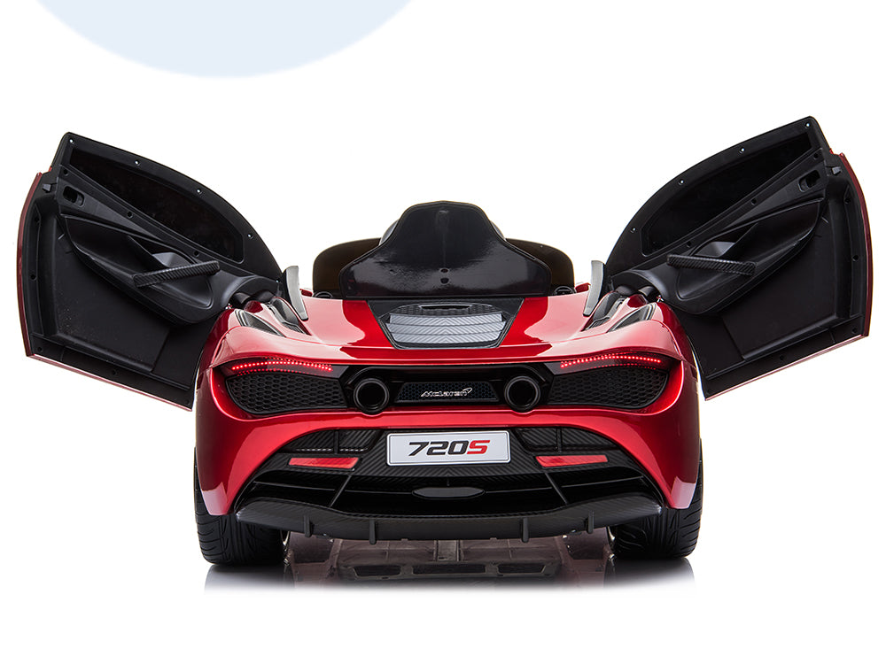 A red 12V McLaren 720S Kids Ride On Car with gullwing doors open showcases sleek design, featuring two exhaust pipes and a 720S license plate, set against a white background.