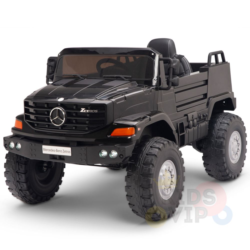 Unleash adventure with the Black 12V Mercedes Benz Zetros Kids 1 Seater Ride On Truck, featuring rubber wheels, remote control, and detailed front lights. Its sleek black design makes it perfect for young explorers seeking a thrilling ride.