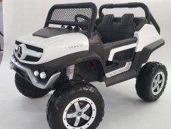 The New Version 24V Receiver for Unimog UTV is a toy car styled as an off-road vehicle, featuring a black and white design with large wheels, roll cage, two seats, and the brands logo on the front grille, showcased against a plain background.
