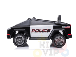 The Futuristic 12V Police Truck Ride-On for Kids features a sleek black and white design with Police Seacrest County on its body. It has rubber wheels, an open top, sirens, and realistic details that capture the essence of emergency vehicles against a white background.