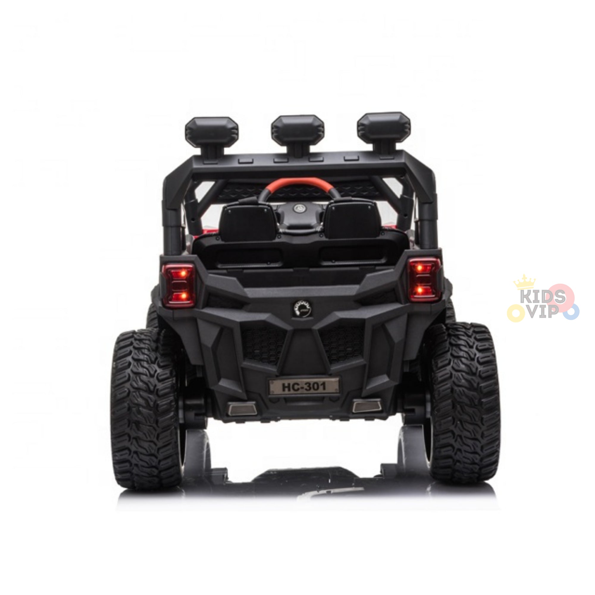 Rear view of a black Upgraded 12V Junior Sport Utility Ride On Buggy with rugged tires, roll bar, and mounted lights. Features include a striking red steering wheel visible from the back and the Kids VIP logo on the right for added style.