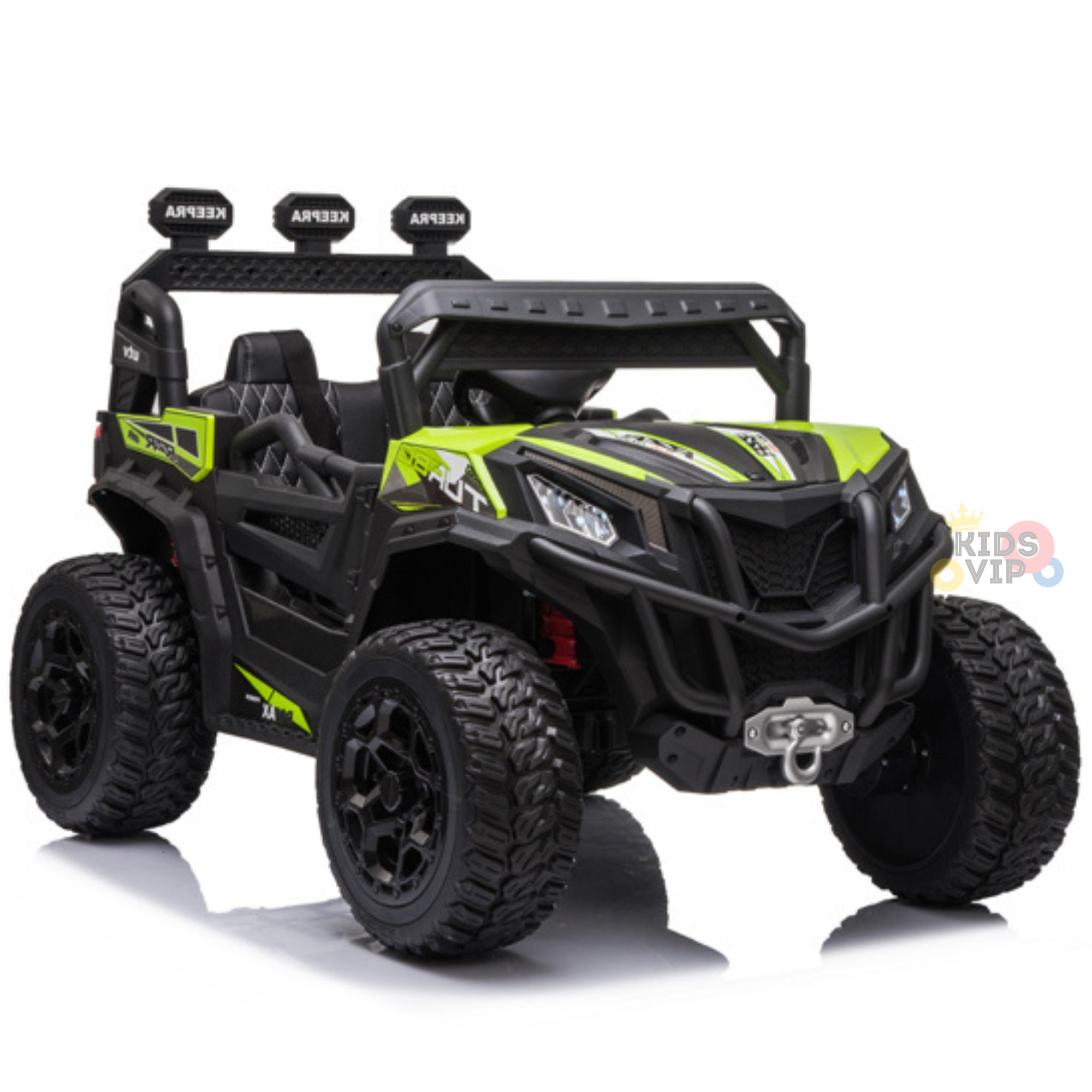 The Upgraded 12V Junior Sport Utility Ride On Buggy/UTV 4WD Edition w/Remote Control is a rugged green and black electric toy car with large black wheels, roll bars, headlights, a front grille, side decals, and the option for remote control—ideal for adventurous kids.