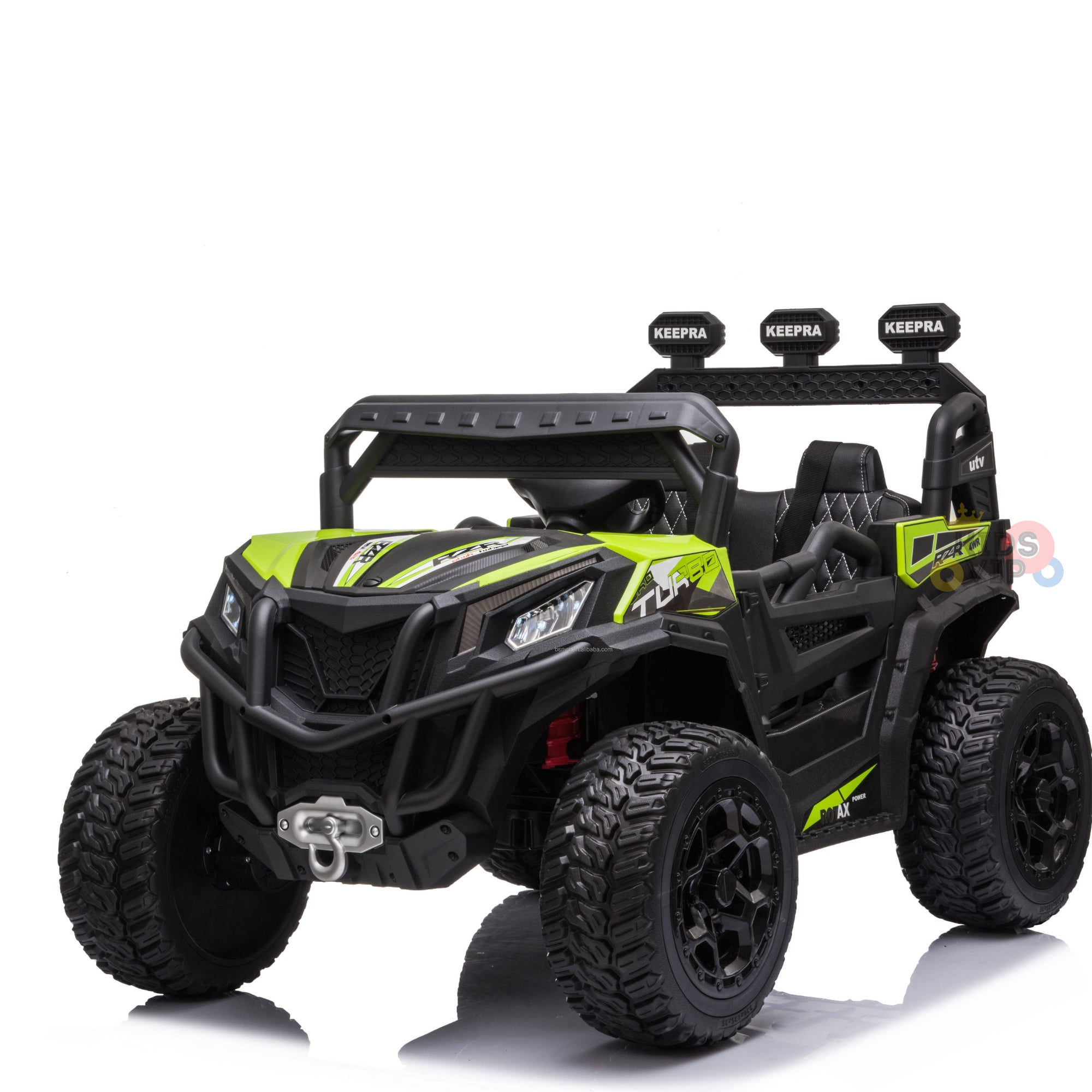 A green and black Upgraded 12V Junior Sport Utility Ride On Buggy/UTV 4WD features large tires, LED lights, a detailed grille, and branded roll bar with side mirrors, perfect for childrens adventurous play.
