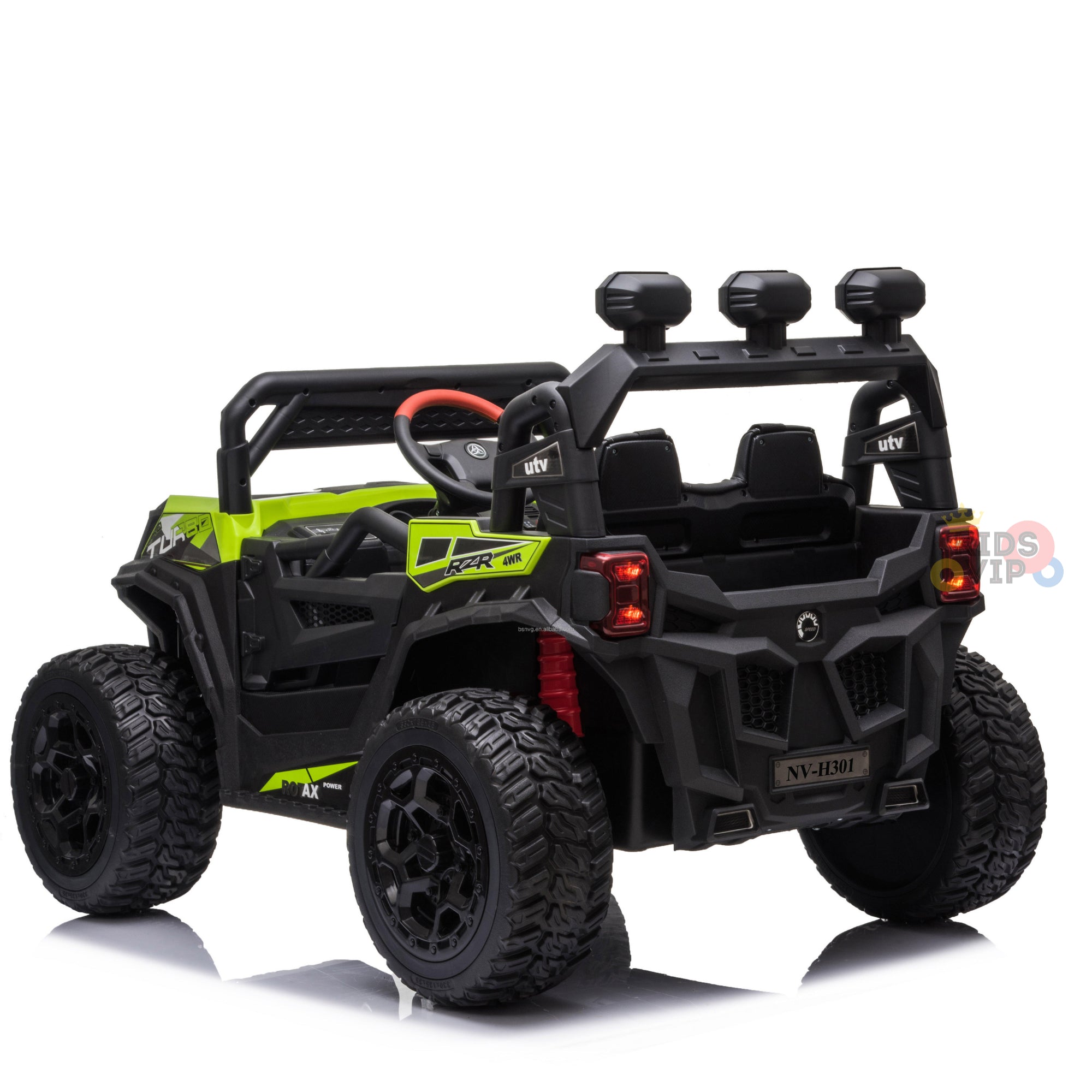 The Upgraded 12V Junior Sport Utility Ride On Buggy/UTV 4WD Edition with remote control is a black and green off-road toy vehicle, featuring large tires, roll bars, rooftop headlights, and a red steering wheel. Viewed from the rear on a white background, it resembles a rugged all-terrain car.