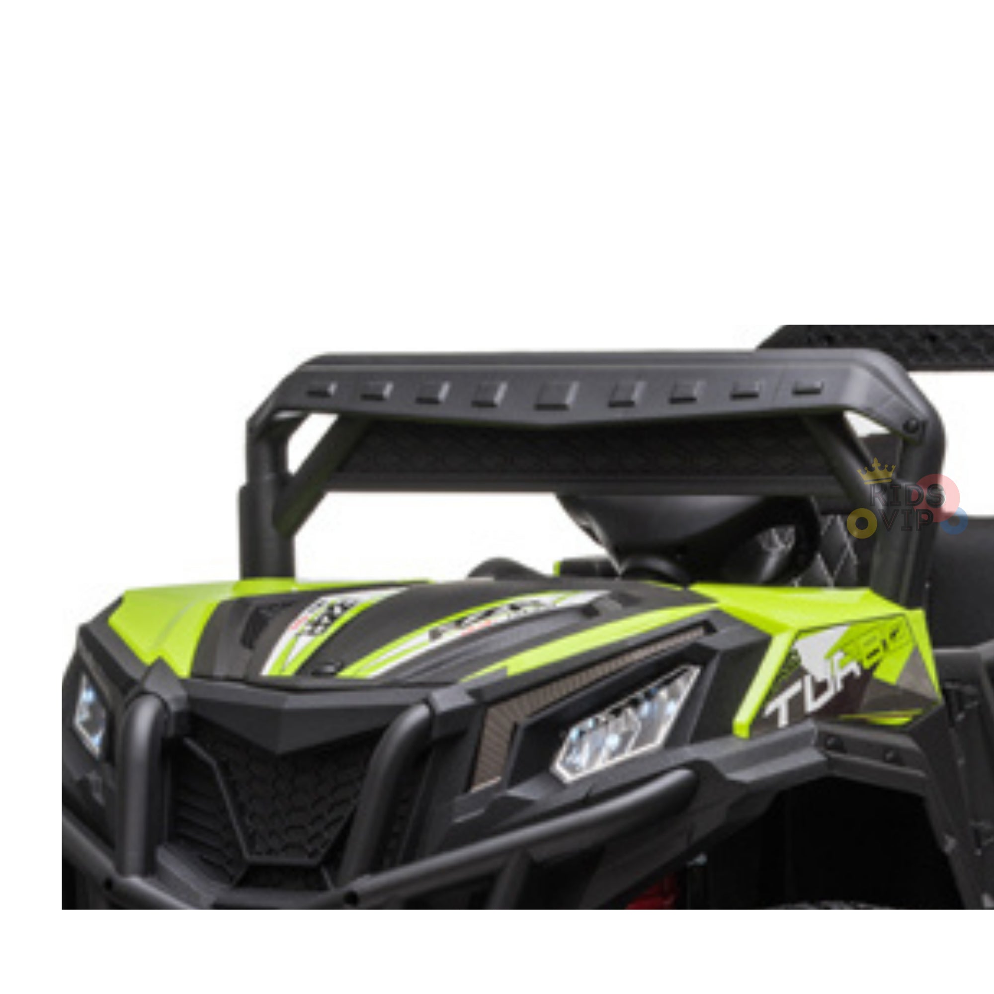 Close-up of the Upgraded 12V Junior Sport Utility Ride On Buggy/UTV 4WD Edition in bright green and black, featuring a sturdy grille and angular headlights. A black roll bar is mounted above, with minimal background details highlighting its dynamic design reminiscent of a remote control vehicle.