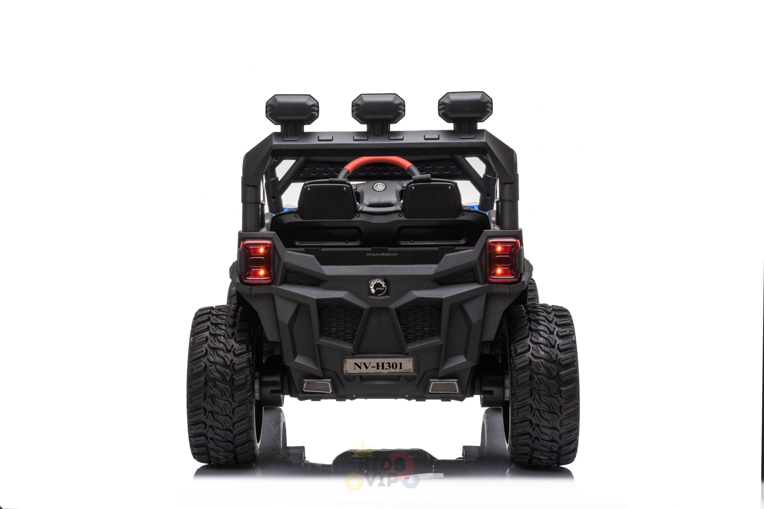 A small, black 12V Junior Sport Utility Ride On Buggy/UTV 4WD with chunky tires, a visible steering wheel, a NY-1301 license plate, and three top-mounted lights is set against a white background, highlighting its rugged design perfect for junior adventurers.