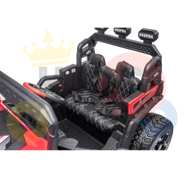 The Upgraded 12V Junior Sport Utility Ride On Buggy/UTV 4WD Edition features detailed seats and a dashboard in black and red, large tires, realistic interiors, two seatbelt-equipped seats with logo-embossed headrests, embodying an off-road vehicles rugged allure for thrilling adventures.