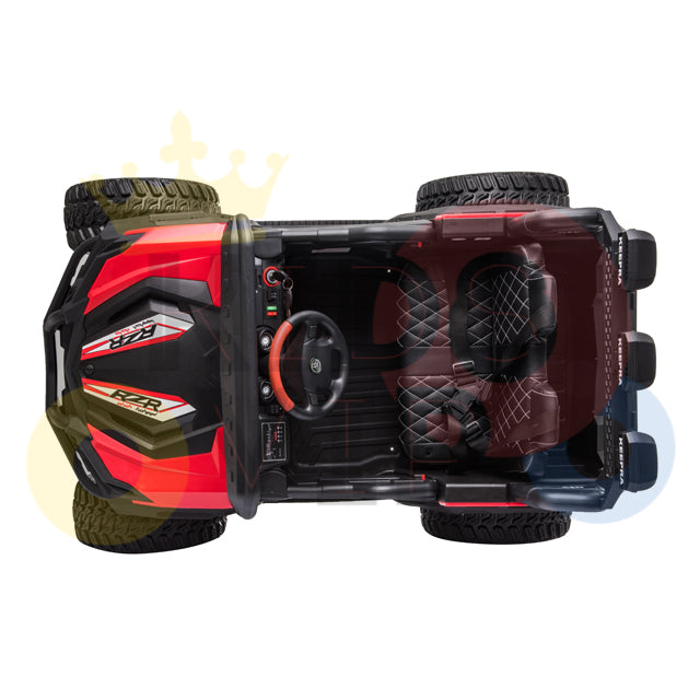 Top view of the Upgraded 12V Junior Sport Utility Ride On Buggy/UTV 4WD Edition with a black and red design, featuring quilted seats, steering wheel, four robust black tires, and striking red accents on the hood—ideal for adventurous young drivers.
