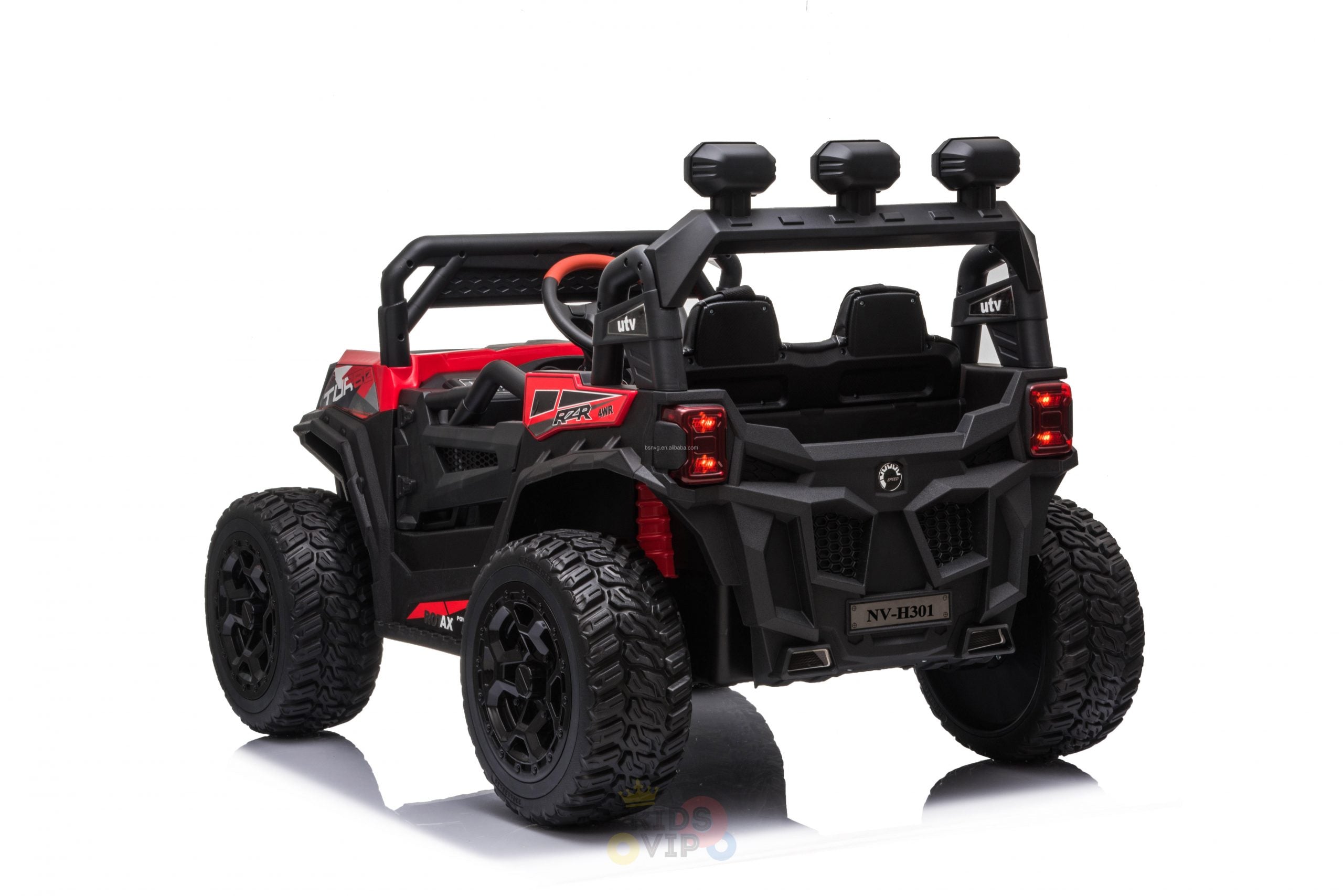 The Upgraded 12V Junior Sport Utility Ride On Buggy/UTV 4WD Edition with Remote Control is a childrens toy car styled as an off-road vehicle, featuring large black wheels, a red and black body, and open design with rear lights and a faux light rack for an adventurous appearance.