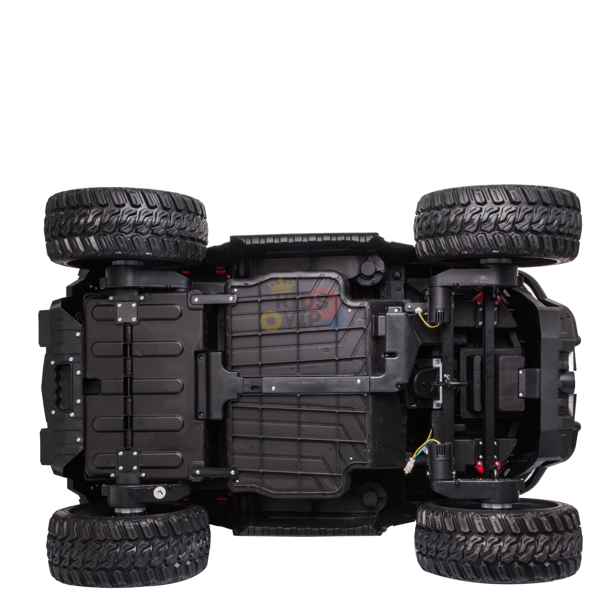 The image shows the underside of a black Upgraded 12V Junior Sport Utility Ride On Buggy/UTV 4WD Edition with four large, rugged wheels. It highlights detailed mechanical components and wiring against a white background.